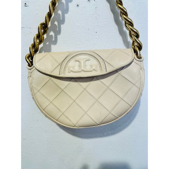 TORY BURCH Neutral White Leather Gold Chain Link Handle Shoulder Strap Bag Purse - Picture 4 of 14